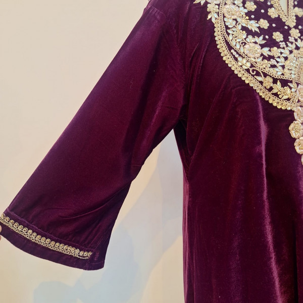 WINE VELVET HANDWORK KURTI AND PANT SET