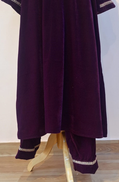WINE VELVET HANDWORK KURTI AND PANT SET