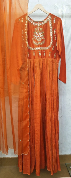 ORANGE TISSUE HANDWORK ONE PIECE AND DUPATTA SET