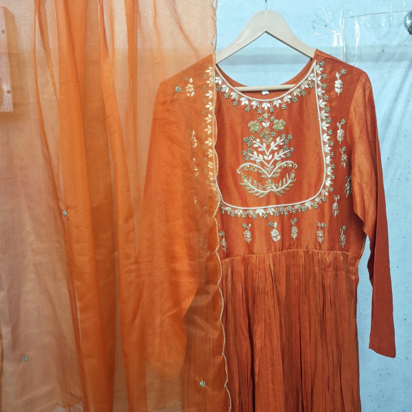 ORANGE TISSUE HANDWORK ONE PIECE AND DUPATTA SET