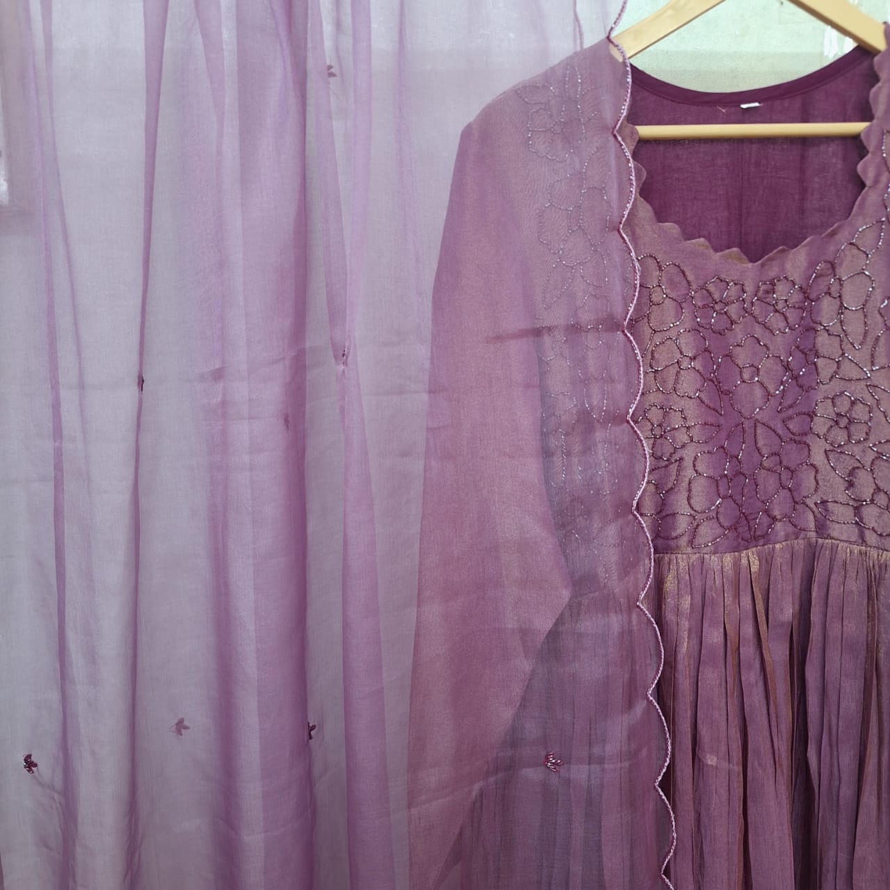 PURPLE WINE TISSUE HANDWORK ONE PIECE AND DUPATTA SET