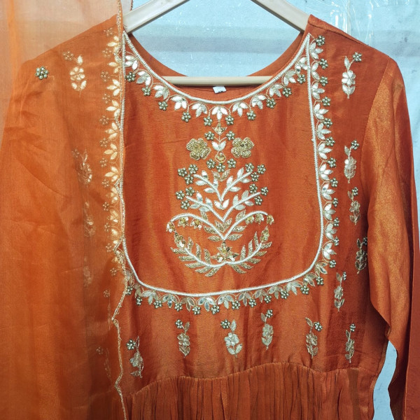 ORANGE TISSUE HANDWORK ONE PIECE AND DUPATTA SET