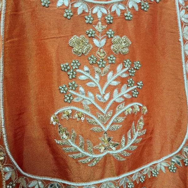 ORANGE TISSUE HANDWORK ONE PIECE AND DUPATTA SET