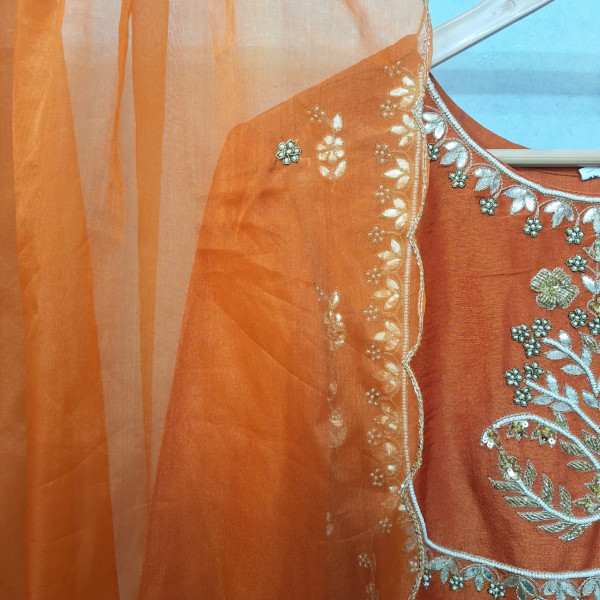 ORANGE TISSUE HANDWORK ONE PIECE AND DUPATTA SET