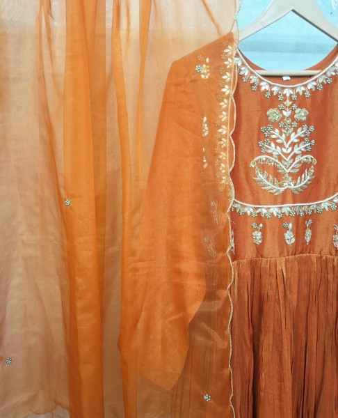 ORANGE TISSUE HANDWORK ONE PIECE AND DUPATTA SET