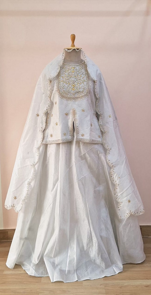 Image of SILVER WHITE HANDWORK SHORT KURTI LEHENGA AND DUPATTA SET