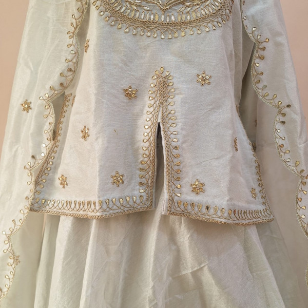 SILVER WHITE HANDWORK SHORT KURTI LEHENGA AND DUPATTA SET