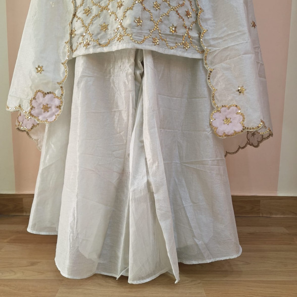 SILVER WHITE HANDWORK SHORT KURTI FLARED PALAZZO AND DUPATTA SET