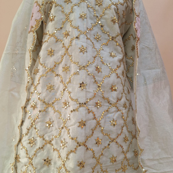 SILVER WHITE HANDWORK SHORT KURTI FLARED PALAZZO AND DUPATTA SET