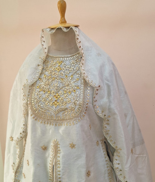 SILVER WHITE HANDWORK SHORT KURTI LEHENGA AND DUPATTA SET