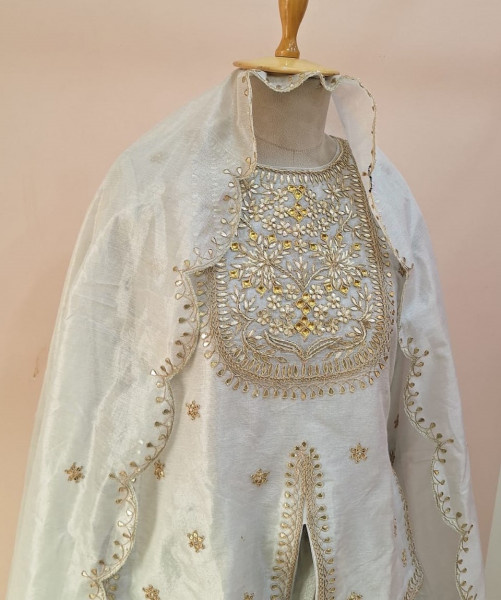 SILVER WHITE HANDWORK SHORT KURTI LEHENGA AND DUPATTA SET