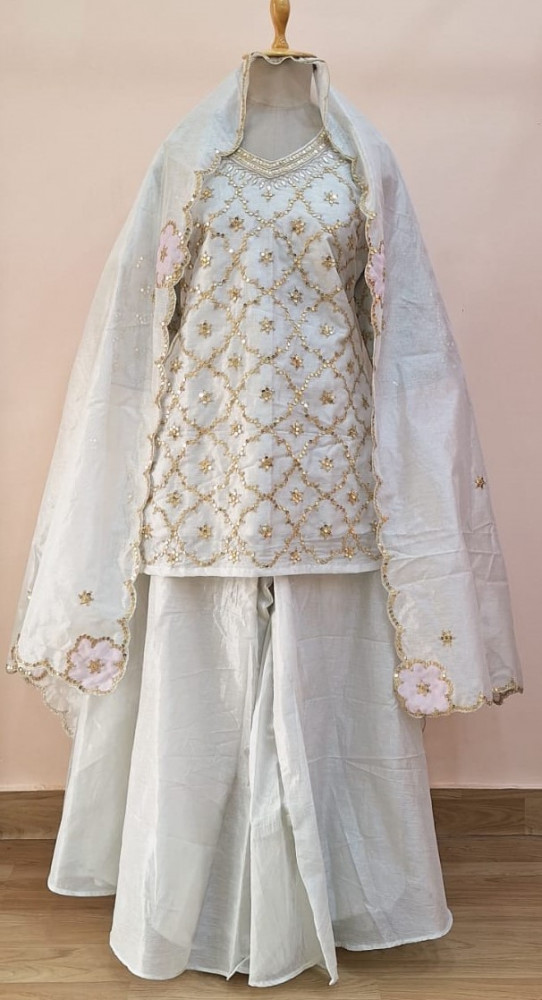 Image of SILVER WHITE HANDWORK SHORT KURTI FLARED PALAZZO AND DUPATTA SET