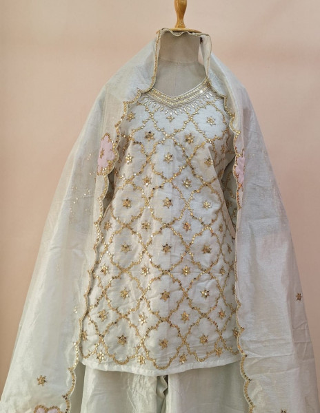 SILVER WHITE HANDWORK SHORT KURTI FLARED PALAZZO AND DUPATTA SET