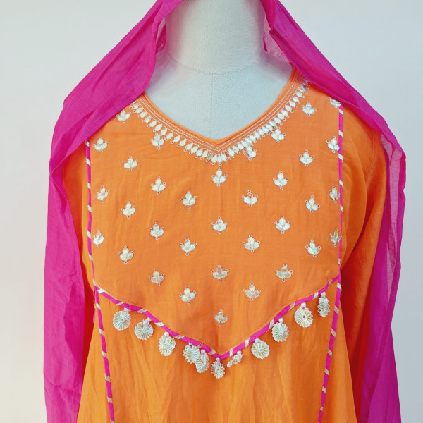 RANI ORANGE HANDWORK SUIT PANT AND DUPATTA SET