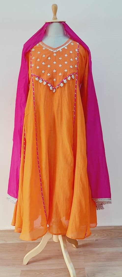 RANI ORANGE HANDWORK SUIT PANT AND DUPATTA SET