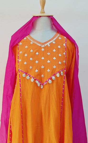RANI ORANGE HANDWORK SUIT PANT AND DUPATTA SET