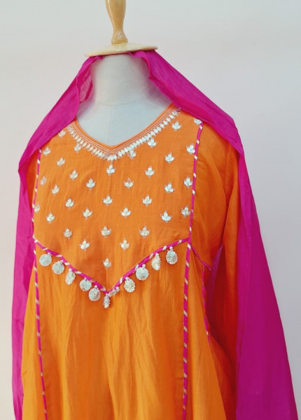 RANI ORANGE HANDWORK SUIT PANT AND DUPATTA SET