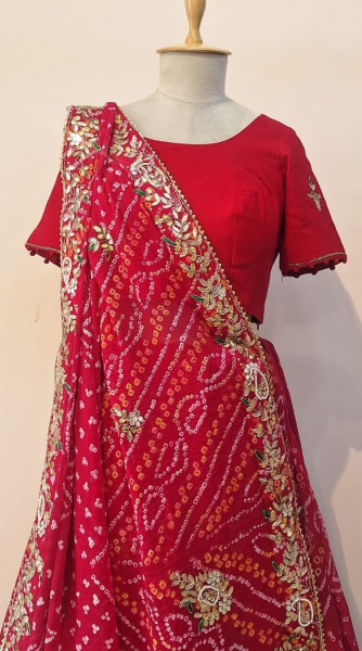RED BANDHEJ HANDWORK LEHENGA BLOUSE AND DUPATTA SET