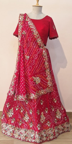 RED BANDHEJ HANDWORK LEHENGA BLOUSE AND DUPATTA SET