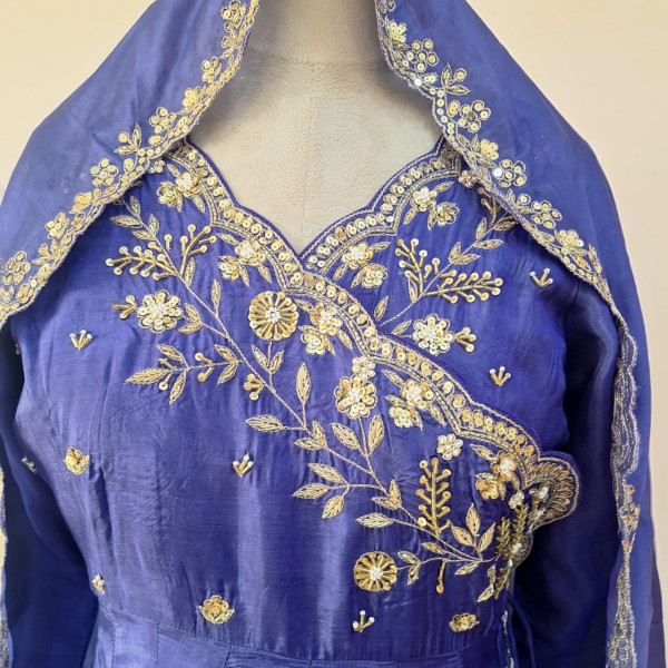 BLUEISH PURPLE SUMMER SILK HANDWORK ANGRAKHA PANT AND DUPATTA SET