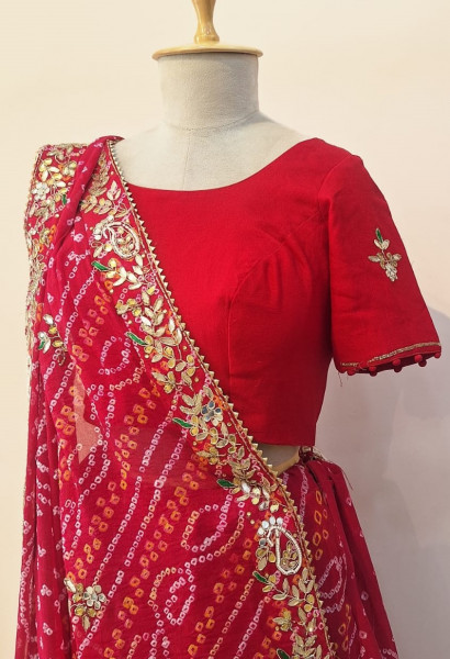 RED BANDHEJ HANDWORK LEHENGA BLOUSE AND DUPATTA SET