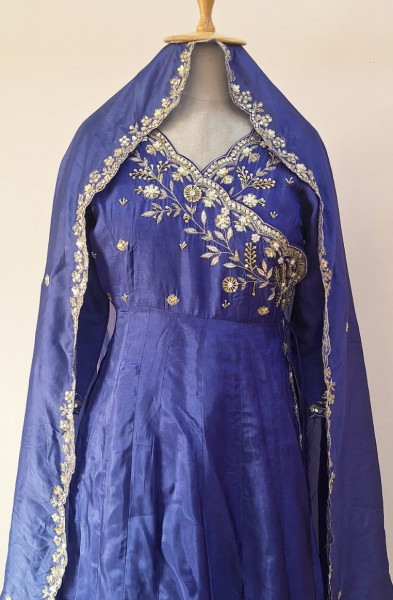 BLUEISH PURPLE SUMMER SILK HANDWORK ANGRAKHA PANT AND DUPATTA SET