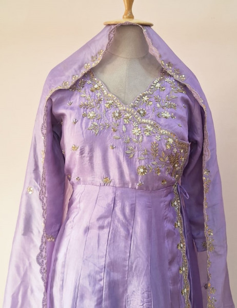 LAVENDER SUMMER SILK HANDWORK ANGRAKHA PANT AND DUPATTA SET