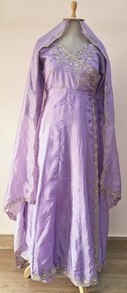 Image of LAVENDER SUMMER SILK HANDWORK ANGRAKHA PANT AND DUPATTA SET