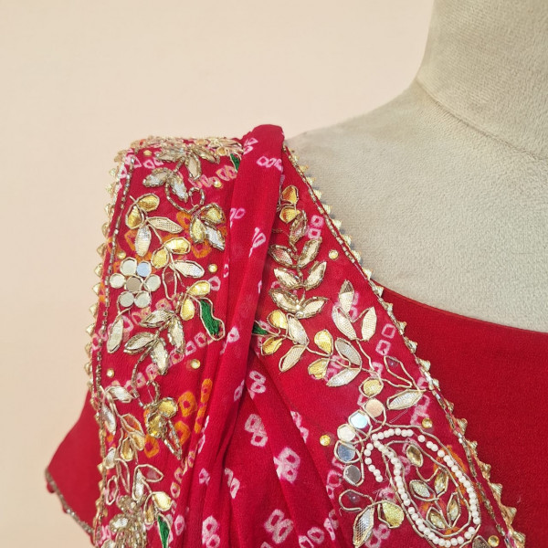 RED BANDHEJ HANDWORK LEHENGA BLOUSE AND DUPATTA SET