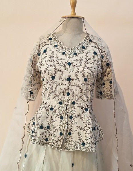 OFF WHITE HANDWORK PEPLUM SKIRT AND DUPATTA SET