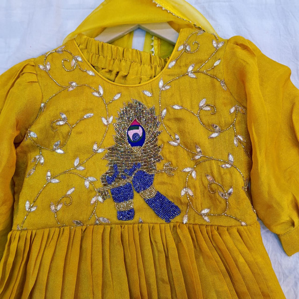 YELLOW HANDWORK PEPLUM SHARARA AND DUPATTA KIDS SET