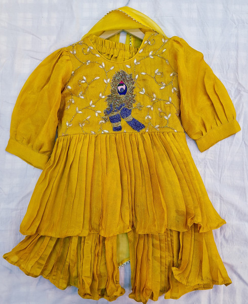 YELLOW HANDWORK PEPLUM SHARARA AND DUPATTA KIDS SET