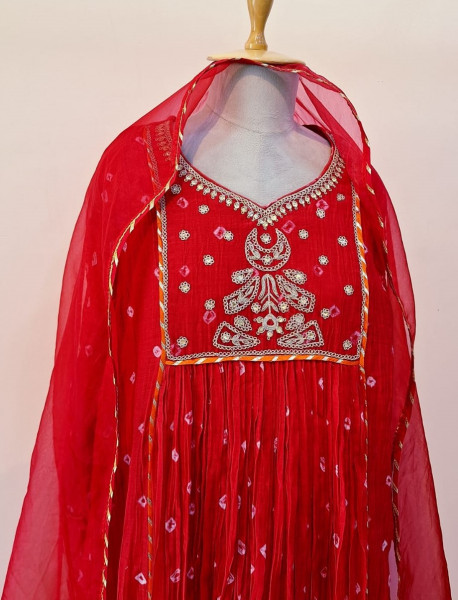 RED MUL CHANDERI HANDWORK KURTI PANT AND DUPATTA SET