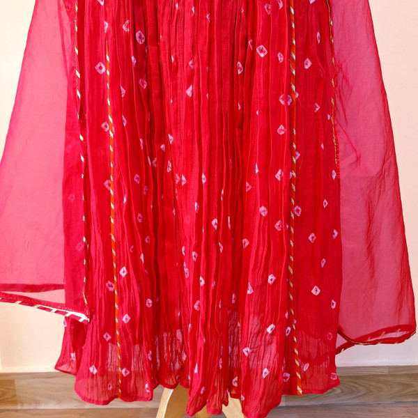 RED MUL CHANDERI HANDWORK KURTI PANT AND DUPATTA SET