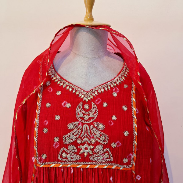 RED MUL CHANDERI HANDWORK KURTI PANT AND DUPATTA SET