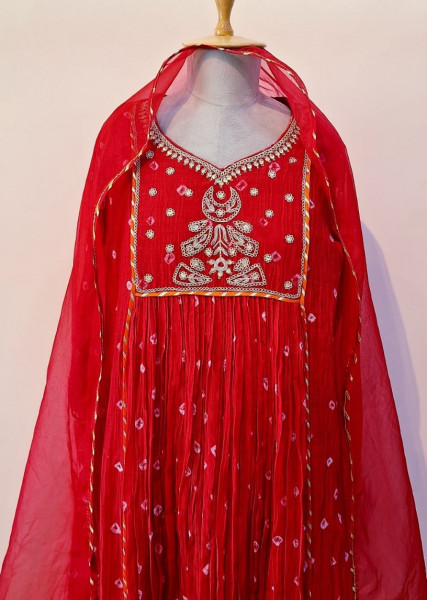 RED MUL CHANDERI HANDWORK KURTI PANT AND DUPATTA SET
