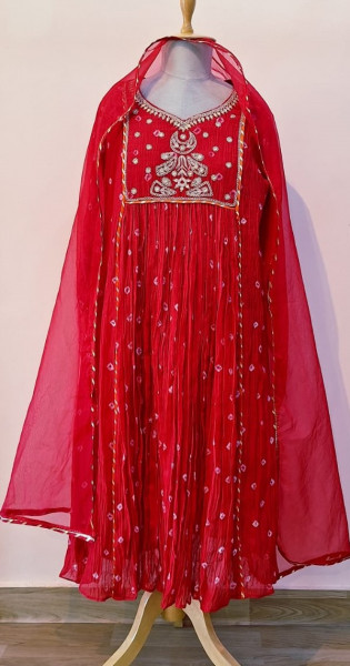 RED MUL CHANDERI HANDWORK KURTI PANT AND DUPATTA SET