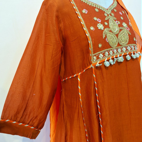 RUST ORANGE HANDWORK KURTI PANT AND DUPATTA SET