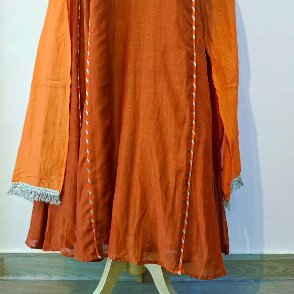 RUST ORANGE HANDWORK KURTI PANT AND DUPATTA SET