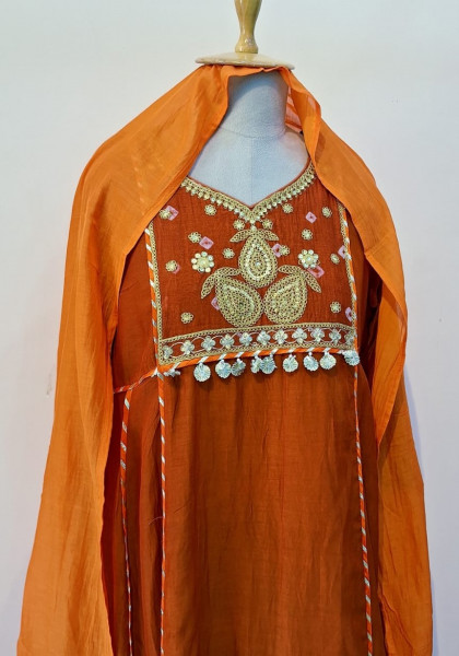 RUST ORANGE HANDWORK KURTI PANT AND DUPATTA SET