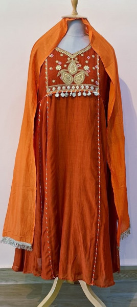 RUST ORANGE HANDWORK KURTI PANT AND DUPATTA SET