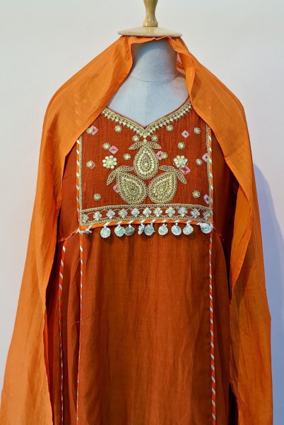 RUST ORANGE HANDWORK KURTI PANT AND DUPATTA SET