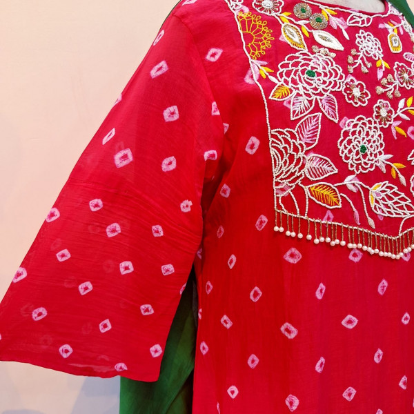 LIGHT RED HANDWORK KURTI PANT AND DUPATTA SET