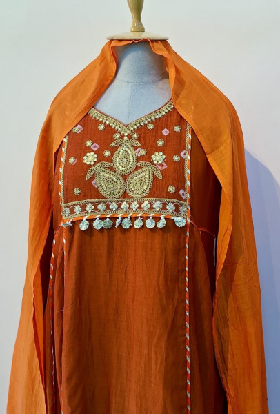 RUST ORANGE HANDWORK KURTI PANT AND DUPATTA SET