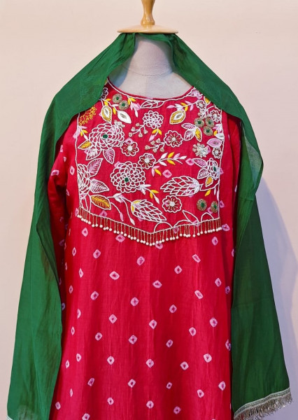 LIGHT RED HANDWORK KURTI PANT AND DUPATTA SET