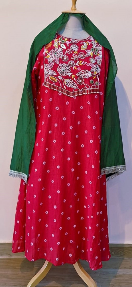 Image of LIGHT RED HANDWORK KURTI PANT AND DUPATTA SET