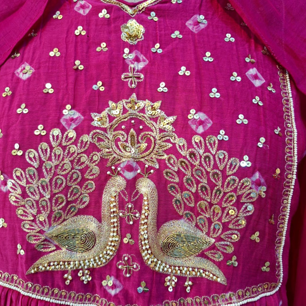 RANI PINK HANDWORK KURTI PANT AND DUPATTA SET