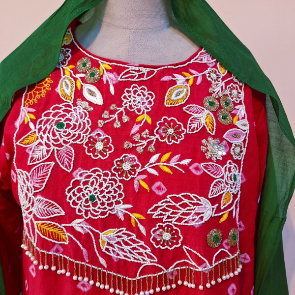 LIGHT RED HANDWORK KURTI PANT AND DUPATTA SET