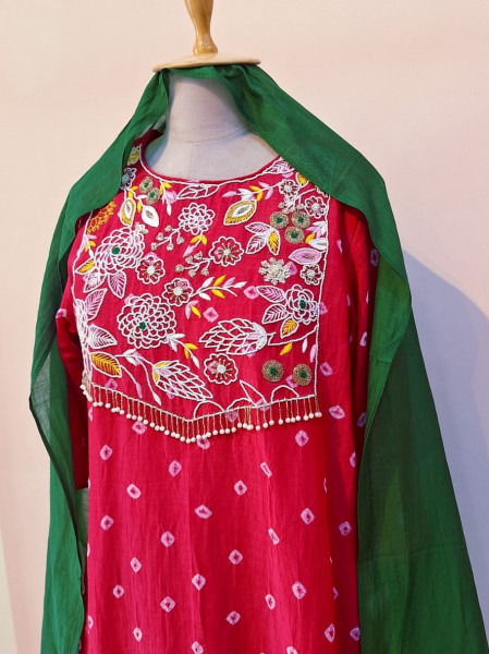 LIGHT RED HANDWORK KURTI PANT AND DUPATTA SET