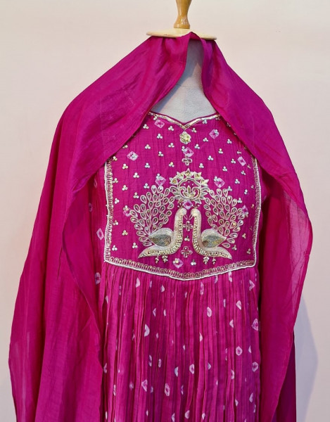 RANI PINK HANDWORK KURTI PANT AND DUPATTA SET